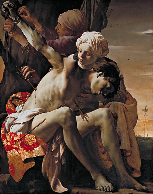 イレーネに世話される聖セバスチャン（1625年）、149 x 119.4 cm、アレン記念美術館（オーバリン）