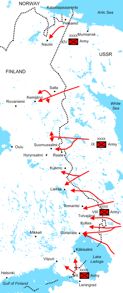 戦争開始時のソ連軍の攻勢の図。4 つのソ連軍の位置と攻撃ルートを示しています。赤軍は戦争の最初の 1 か月間に、1,340 km の国境に沿ってフィンランドの奥深く数十 km まで侵攻しました。