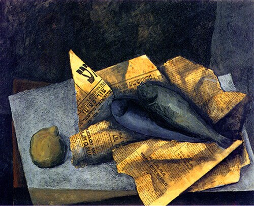 Stillleben mit Fischen、65 cm × 50 cm、オール、コラージュ、ハートファザー、1965