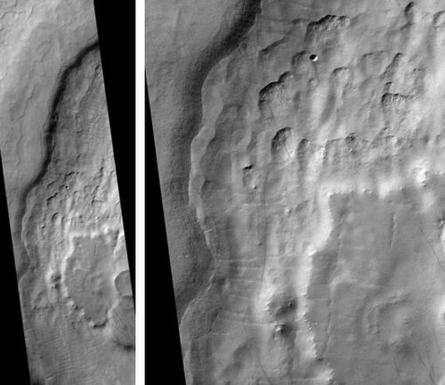 HiRISE から見たマッド・ヴァリス。右の写真は他の写真の一部を拡大したものです。