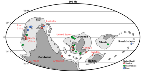 カンブリア紀後期(5億年前)のSPICE地域地図。Pulsipherらが2021年に発表した地図を修正。