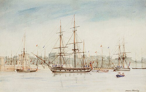 1837年、HMSビーグル号はオーストラリアの測量に出発し、ここに掲載されているのは、ビーグル号の姉妹船であるHMSブリトマート号の船長オーウェン・スタンレーが1841年に描いた水彩画である。