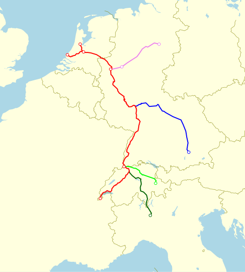 TEE ラインゴールドのルートを赤で示した地図。他の色は、TEE ラインゴールドの 1 等直通客車が他の列車で運ばれたルートを示しています。