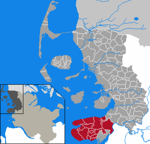 アイダーシュテットを強調したノルドフリースラントの地図