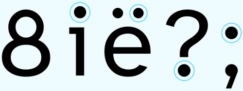 すべての点が丸で囲まれた文字「8ië?;」。