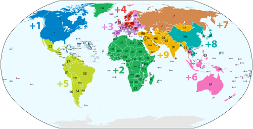 世界各国の国コード分布。地域は最初の数字によって色分けされています。