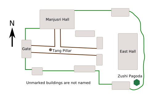 寺院跡地の平面図には、記事本文で説明されている建物の配置が示されている。