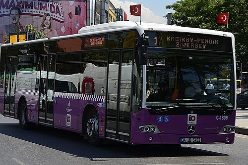 古い紫色の塗装のバス（民間の公共バス）。