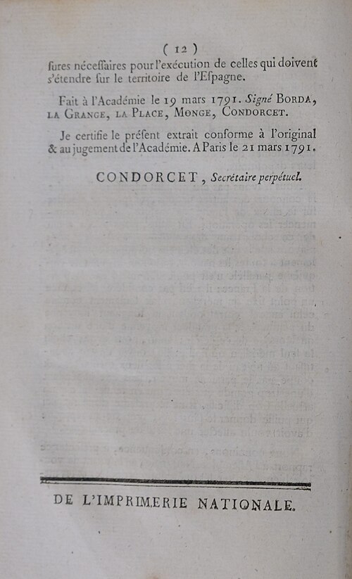 コンドルセとジャン＝シャルル・ド・ボルダによる1791年の『Rapport sur le choix d'une unité de mesure』の最終ページ