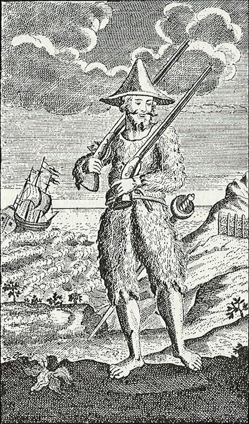 毛皮で覆われたヤギの皮の服を着て島の海岸に立つロビンソン・クルーソーの版画