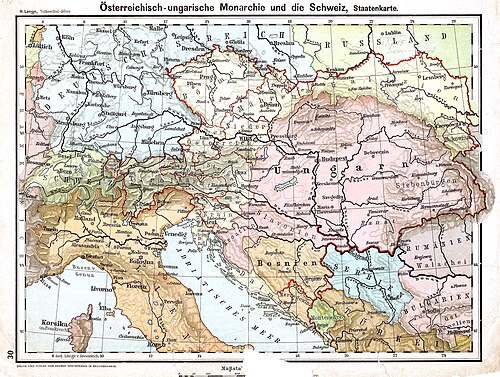オーストリア＝ハンガリー帝国、イタリア北部、アドリア海北部を示す地図。オーストリアとハンガリー帝国の内部区分も示されています。