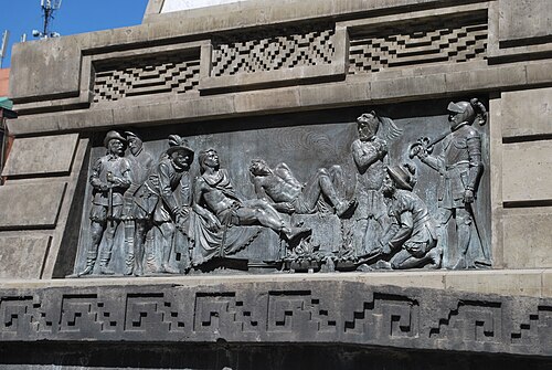 クアウテモック記念碑でのクアウテモックの拷問。ガブリエル ゲッラ (1847–1893)。