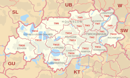 TW郵便番号区域地図。郵便番号地区、郵便局所在地、および近隣の郵便番号区域を示しています。