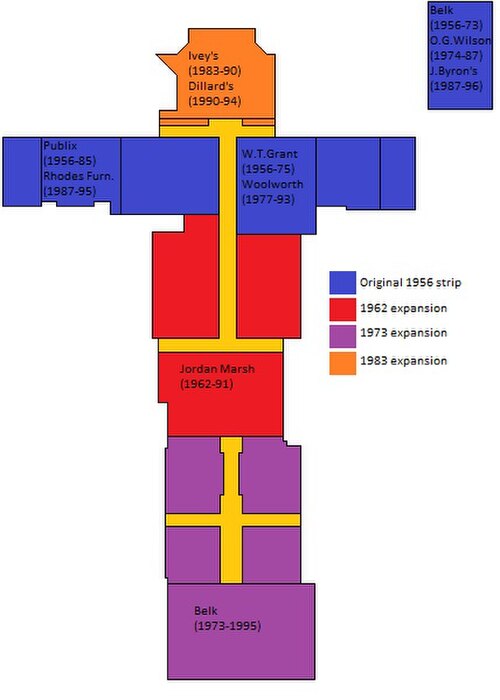 1989 年当時のコロニアル プラザの地図。囲まれたモールの通路と主要店舗の位置が強調表示されています。