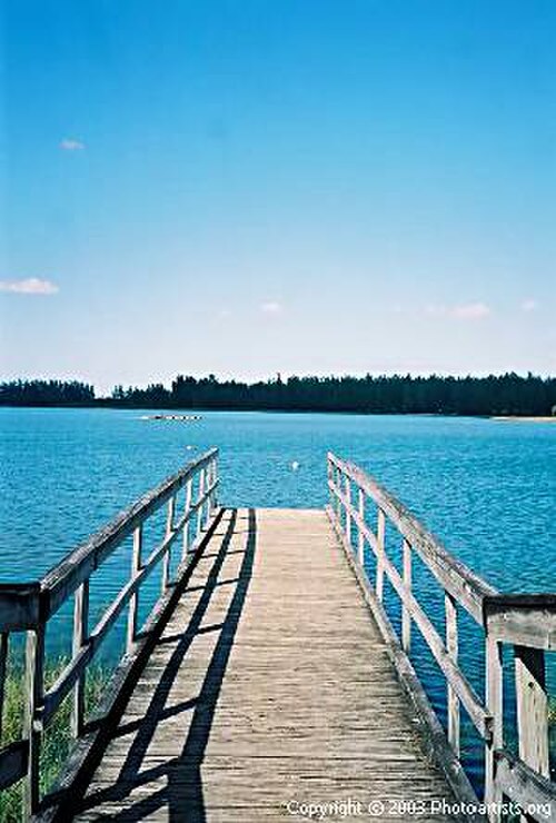 湖のそばにある釣り桟橋。近くの自転車道沿い。