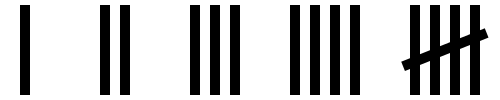 左から右へ：それぞれ1、2、3、4、5を表す正の字。