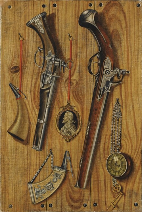 ジャン＝フランソワ・ドゥ・ル・モット（1625–1685）の作法。ピストルとアンリ 4 世メダイヨンのあるだまし絵風の静物画 [17 世紀]