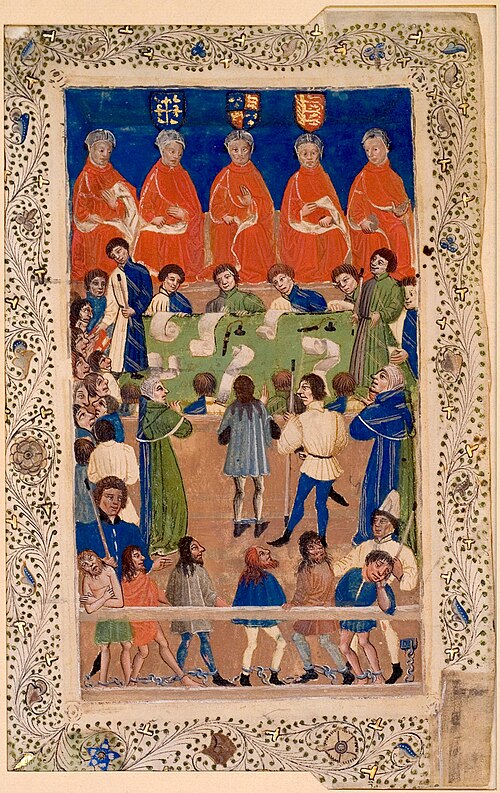 An image of a court in session. In the back sit five Justices in orange robes. In the centre is a table where scribes and court officials work. In the bottom section the public visits the court for hearings.