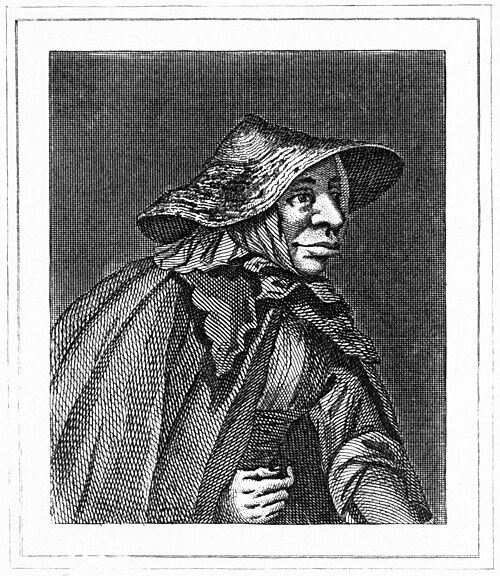 年配の女性の半身像のモノクローム肖像画。つばの広い帽子をかぶり、鼻が大きく、口元が肉付きが良い。