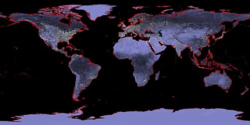 東南アジア、北ヨーロッパ、米国東海岸における主要な海面上昇の影響を示す地図