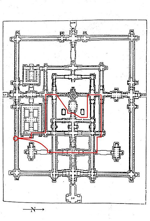 レオン・デ・ベイリー (1849-1910) の絵から取ったベン・メリアの地図。寺院を訪れるために使われた、部分的に整備された道が赤で示されています。