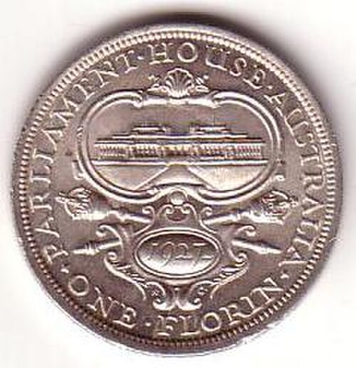 1927 年オーストラリア フローリン金貨の裏面。オリジナルの国会議事堂の開館を記念したもの。ジョージ クルーガー グレイによるデザイン。