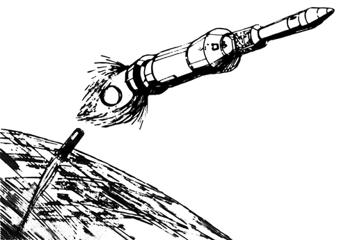 打ち上げ：サターンVロケットの3段は、約11分間燃焼して、高度100海里（190km）の円形待機軌道に到達します。第3段は、軌道投入のために燃料のごく一部を燃焼します。