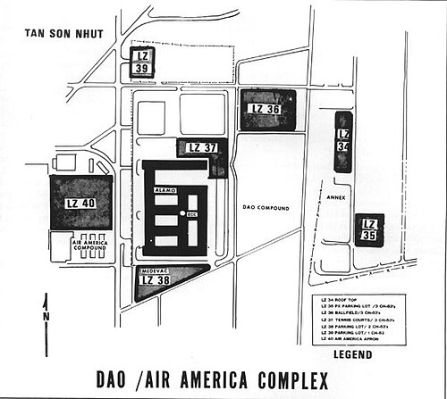 第9海兵航空旅団の作戦後のDAO施設とエアアメリカ施設の地図（着陸地点がマークされている）
