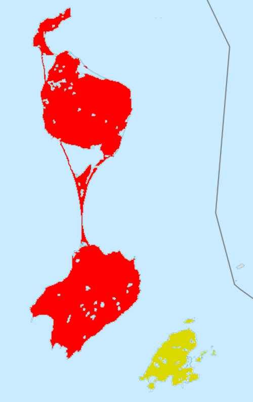 サンピエール島とミクロン島内のコミューン（赤）の位置