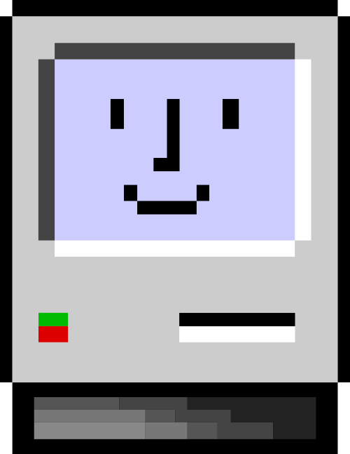 カラフルなリンゴのロゴとフロッピー ディスク スロットが描かれた灰色のコンピュータを描いた小さな長方形のアイコン。小さな正方形の画面には、薄紫色の背景にスマイリー フェイスの絵文字が表示されます。このアイコンは、マシンが正常に起動を開始したことを示します。これに対し、「悲しい」絵文字が表示される「悲しい Mac」アイコンは異なります。