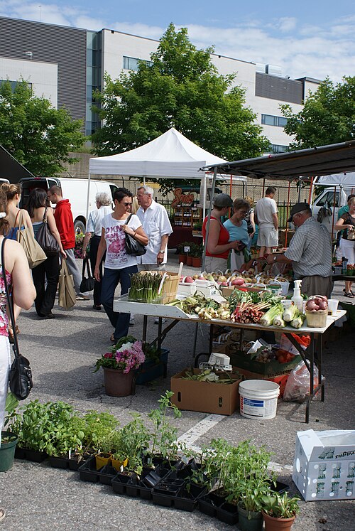 屋外に集まった人々の中で、果物や野菜が陳列されている。