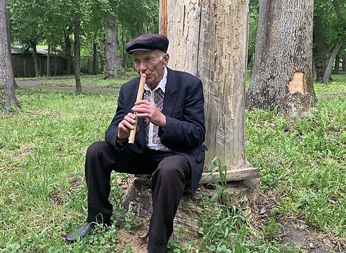 地元産のソピルカであるドゥドゥカ・ヴィクルトカを演奏するポリシアの羊飼い
