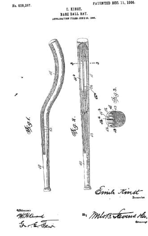 エミール・キンストに「改良型野球バット」に関する特許第430,388号（1890年6月17日）が授与された。
