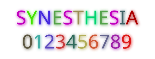 「synesthesia」という単語と 0 ~ 9 の数字が、さまざまな色で光って表示されます。たとえば、文字「S」はマゼンタで表示され、文字「E」は緑色で表示されます。