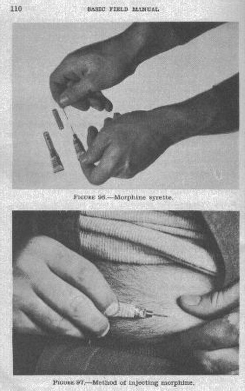 注射器を使用してモルヒネを注射するための第二次世界大戦時の米軍の応急処置マニュアルのイラスト。