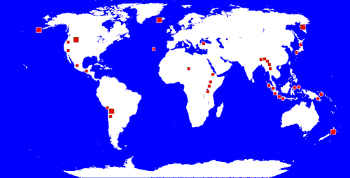 間欠泉の位置が世界の特定の地域に集中する傾向があることを示す地図。