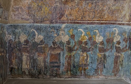 ボナンパックのマヤ壁画（壁画の神殿第1建造物より）。音楽家の行列を描いたもので、西暦8世紀末。