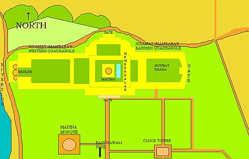 ニザマト・フォート・キャンパスの地図。イマームバーラーは黄色で示されている。