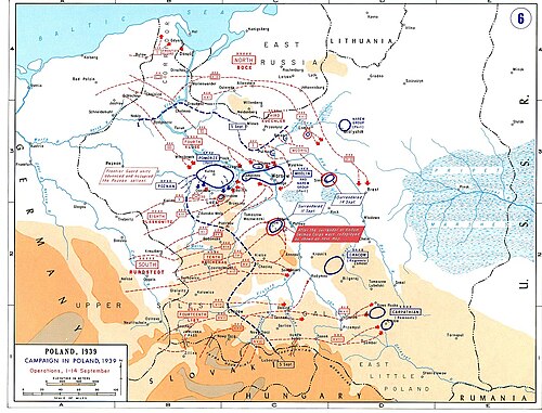 Map showing the advance made by the Germans and the disposition of German and Polish troops on 14 September 1939.