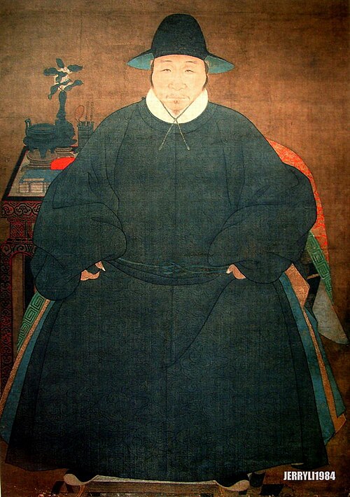 明代、大袈裟を着けた男性の肖像画