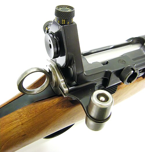 競技射撃用の W+F ジオプターリアサイトを備えた K31。
