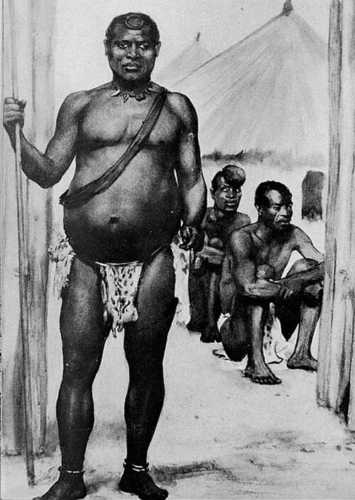 中年のアフリカの王を描いた白黒写真。一見すると背が高くたくましい男性に見えるが、年齢とともに衰えが見られ、腹部はひどく膨らんでいる。動物の皮の腰布を身に着け、様々な動物の歯と思われるもので作られた首飾りを首につけている。右手には長い槍を持ち、地面に置いている。