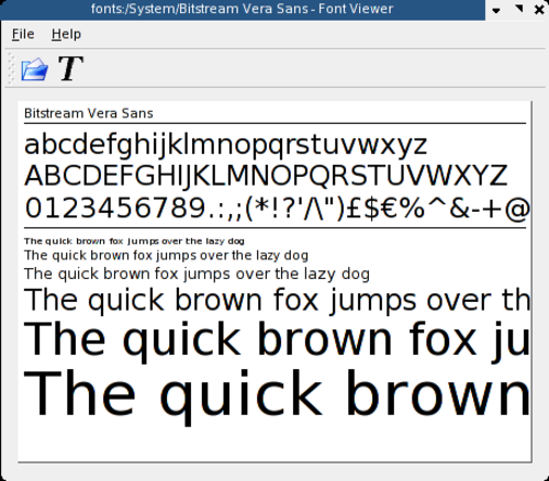 コンピュータプログラム「KFontview」のフォントプレビュー画面のスクリーンショット。サンプルテキスト「The quick brown fox jumps over the lazy dog」が異なるサイズで印刷されている。