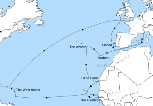 青と白の地図には、ルパートがアイルランドから大西洋を横断して地中海に入り、アフリカ沿岸を南下し、西インド諸島を経てフランスに戻るまでの航路が示されている。