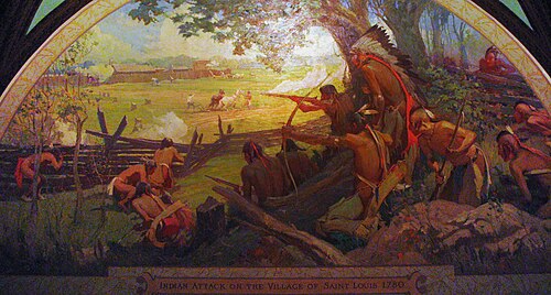 1780 年の「セントルイス村へのインディアンの攻撃」と題された壁画のこの写真は、セントルイスの戦いを描いています。