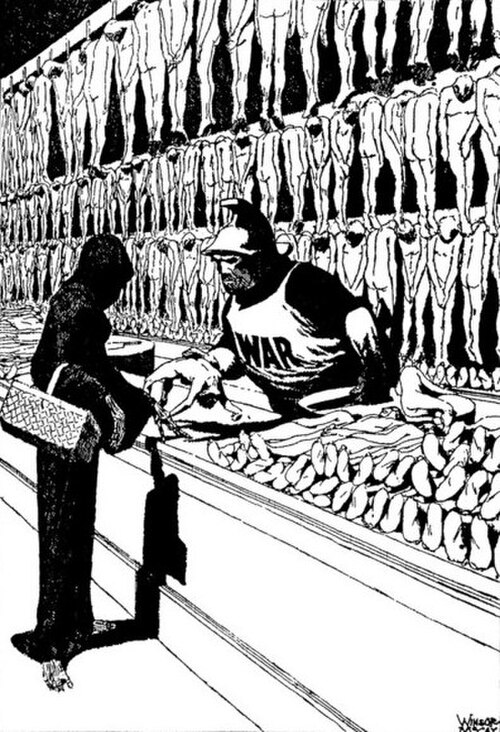 死神が戦争から遺体を買い取る様子を描いた風刺漫画。