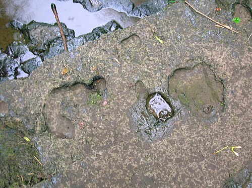 滝の端近くの速い流れの水の中に小石が切り開いた小さな盆地