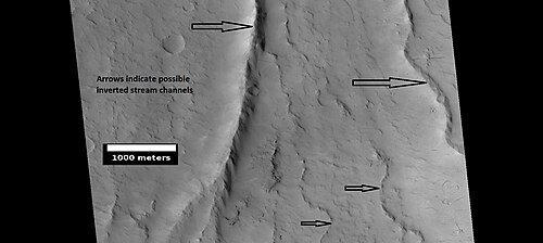 HiWishプログラムによるHiRISE観測で確認された、アマゾニス四角形地域における、おそらく逆転した河道。これらの尾根は、かつては河川の谷であったものが堆積物で満たされ、固まったものと考えられる。そのため、周囲の物質を侵食する作用に対して、尾根は硬化した。照明は左側（西側）から当たっている。