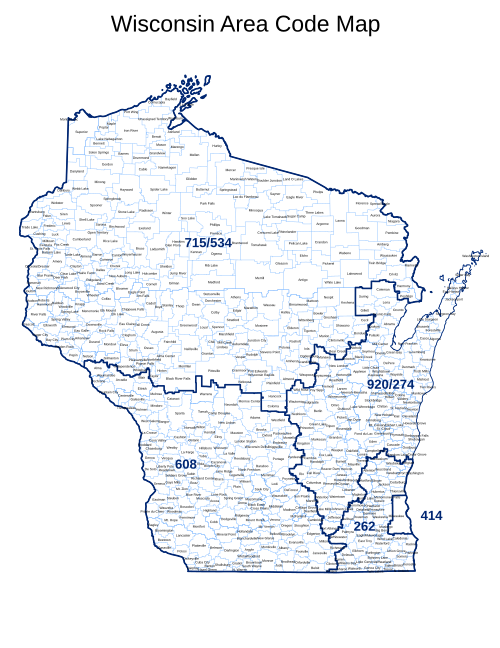 市外局番を表示したウィスコンシン州の地図