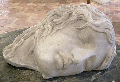 横になって眠っているエリニュスの胸像。彼女は人間の特徴と普通の髪を持っています。